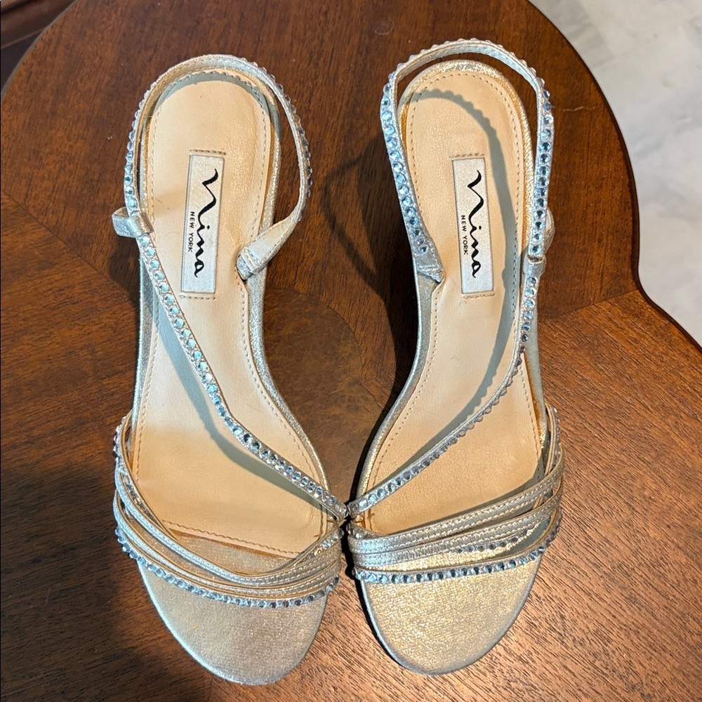 Nina Slingback Heels  gold metallic leather/rhinestones composition leather sole